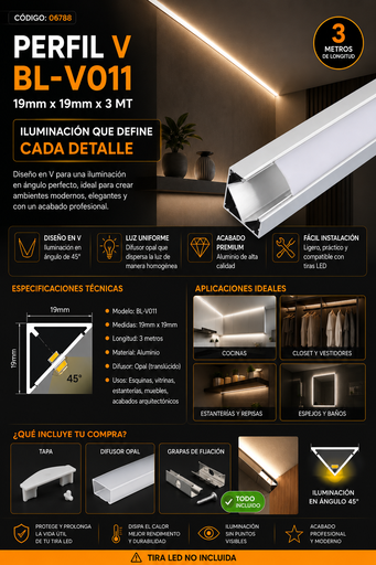 [06788] Perfil V BL-V011 19mm x 19mm X 3 MT ELECLUZ