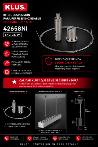 [02759] Kit de Suspensión para Perfiles Inoxidable con Cablee de 1.5 MT KLUS 42658NI