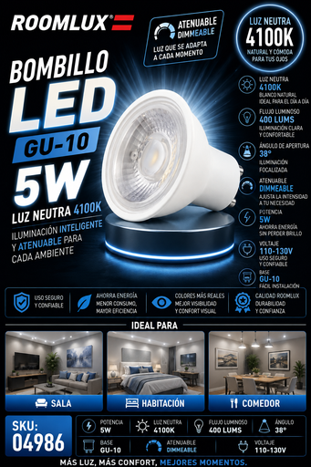 [04986] Bombillo 5w 4100k GU-10 B5585 DIMMEABLE 110-130V ROOMLUX