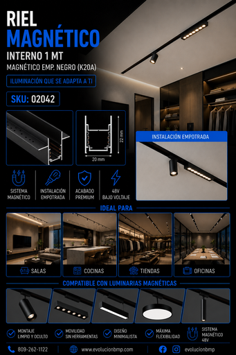 [02042] Riel Magnético Interno 1 MT Magnético Empotrable Negro (K20A)