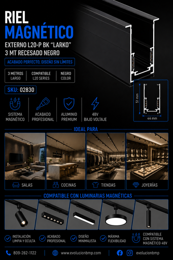 [02830] Riel Magnético Externo L20-P BK “LARKO” 3 MT Recesado Negro