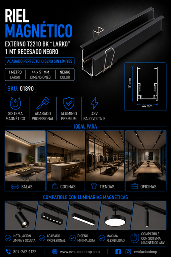 [01890] Riel Magnético Externo T2210 BK "LARKO" 1 MT 44*51 mm Recesado Negro