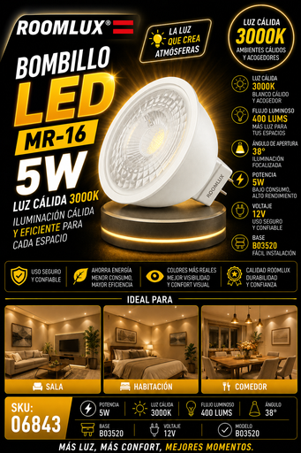 [06843] Bombillo 5W 3000K MR-16 B03520 12V 38º 400 lums ROOMLUX