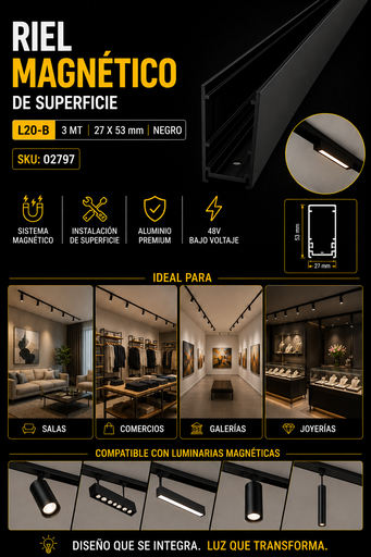 [02797] Riel Magnético de Superficie L20-B 3MT 27X53mm Negro