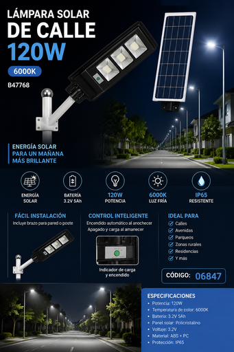 [06847] Lampara Solar de Calle 120W 6000K B47768 con Batería y Brazo 3.2V 5 Ah ROOMLUX